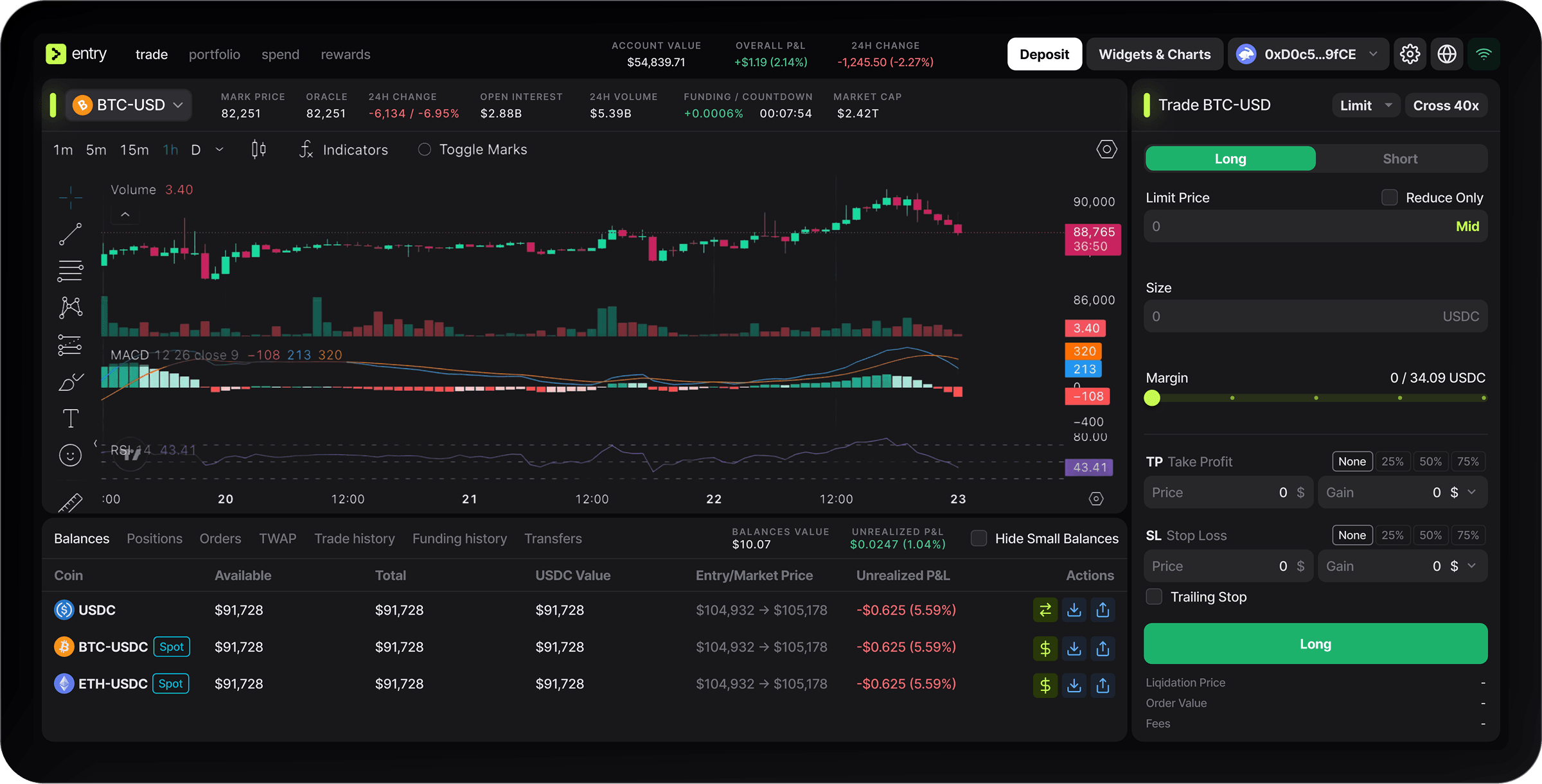 Entry.fi Terminal trading interface